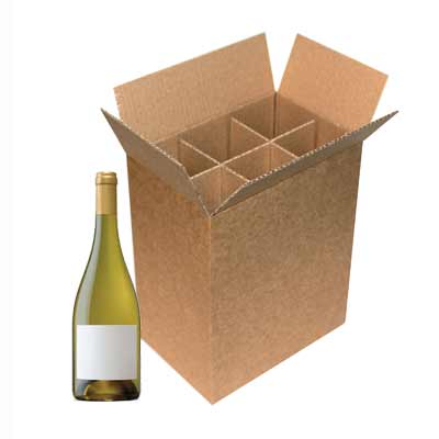Cardboard bottle box with dividers and bottle of white wine