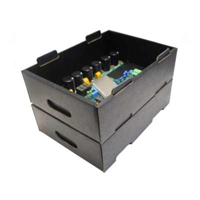 Two Corstat stacking totes (stacked) containing a large PCB