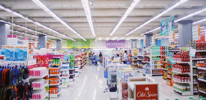 The inside of a large UK supermarket