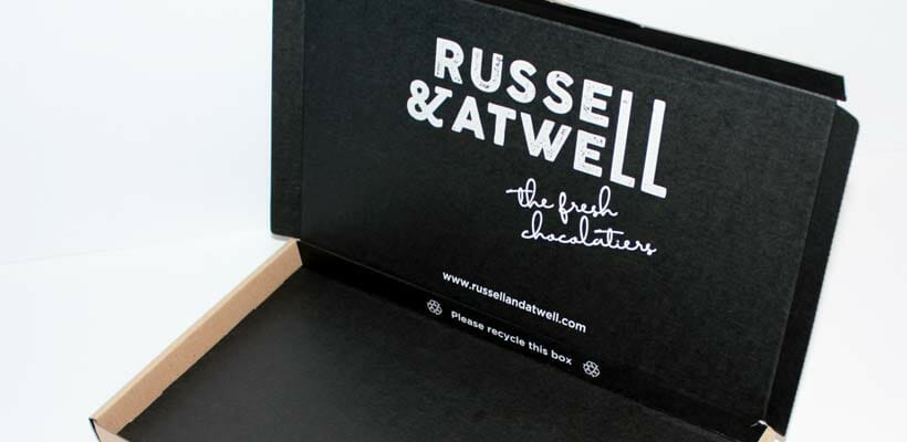 An eCommerce box with black and white printing
