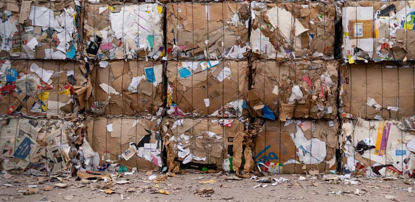 Large bundles of recycled cardboard material