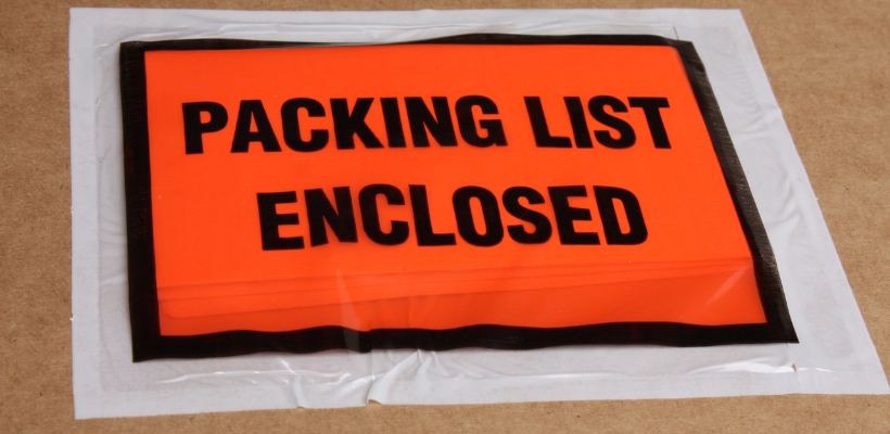 Packing list enclosed in a plastic cover on a box