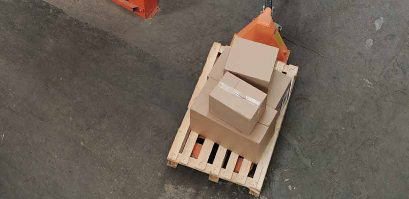 A pallet of goods ready for export in a warehouse