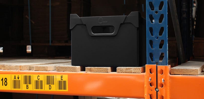 A conductive Corriplast tote box on warehouse racking