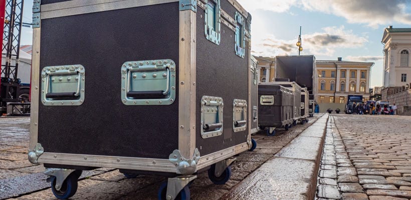 A custom flight case on a cobbled street