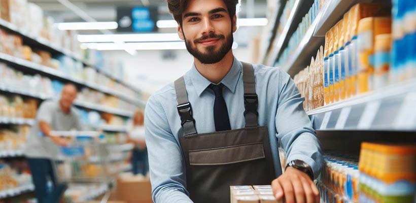 A supermarket employee stacking shelves