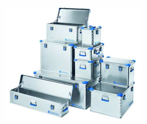 A stack of Zarges Eurobox aluminium cases