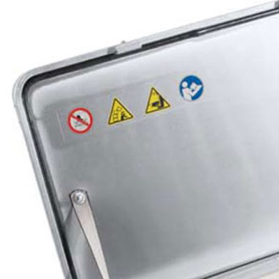 An aluminium case with warning symbols in the lid.