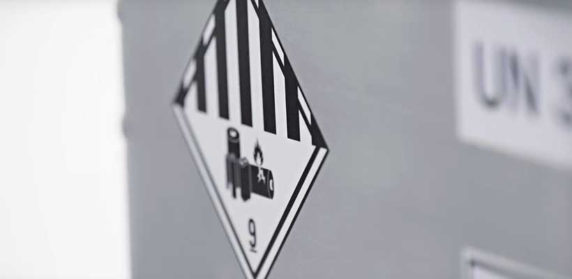 A lithium battery box with Class 9 hazardous goods label.