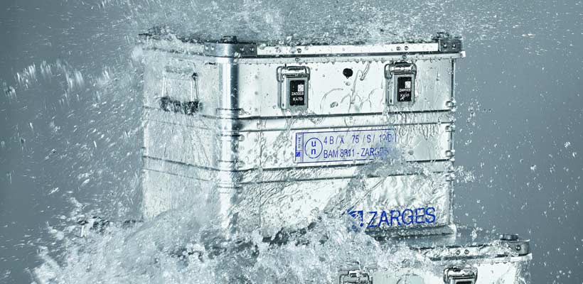 Zarges K470 ip65 A Zarges K470 ip65 case being splashed with water.