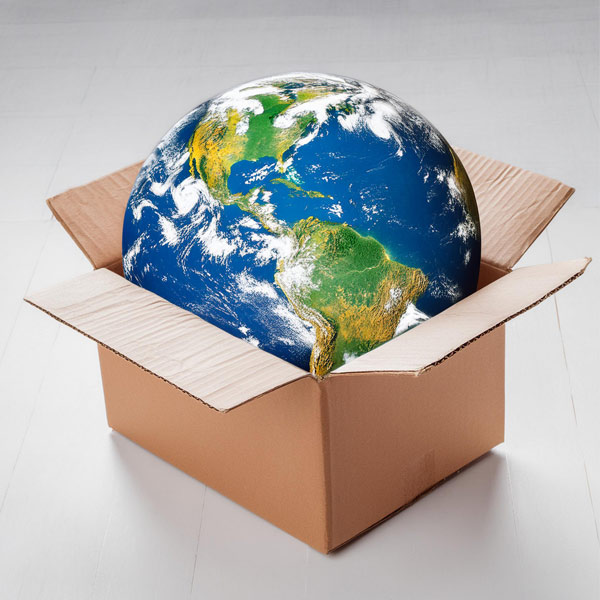 Eco-friendly packaging holding a model of planet earth.