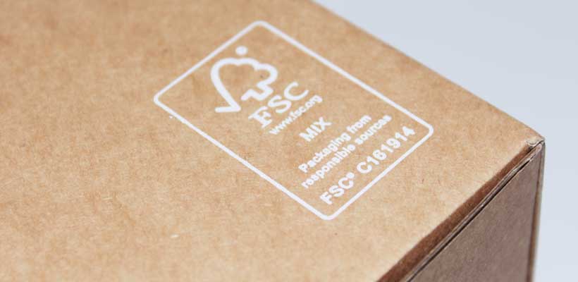Sustainability branding FSC logo printed on a cardboard box