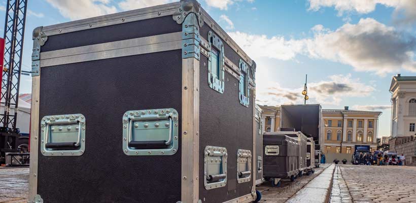 Custom flightcases on a cobbled street