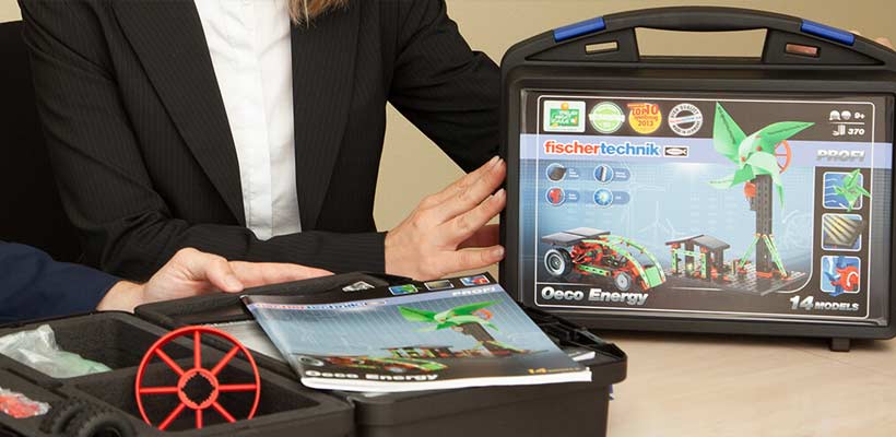 A sales-person presenting samples using a plastic case.